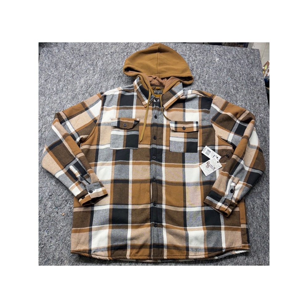 Retro Stitch Mens 3XL Plaid Sherpa Line Hooded Flannel Shirt Jacket Brown SHR-90
